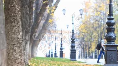 五彩缤纷的小巷在秋天的公园里有路灯，树叶正在飘落。 一个背包剪影模糊的青少年。 慢慢